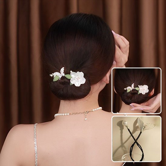 épingle-à-cheveux-fleurs-blanches-feuilles-vertes-chignon-femme-elegance-nature-raffinee