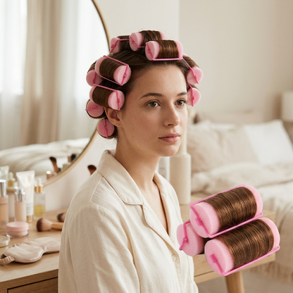 Rouleaux de cheveux en mousse roses sur cheveux enroules dans sa chambre