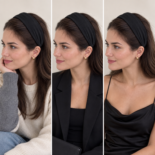 Serre tête chic noir porte par une femme avec un pull un blazer et une robe