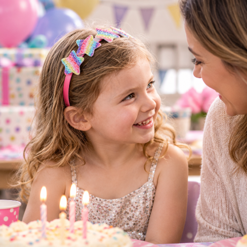 serre tête étoile arc en ciel porte par une fille avec sa mere lors d un anniversaire
