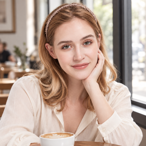 Serre tête femme chic lotus en soie froncee femme assise dans un cafe