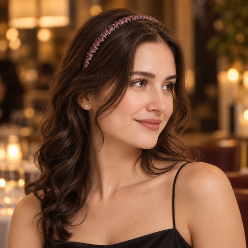 Serre tête femme chic prune en soie froncee femme en tenue de soiree