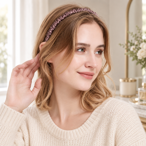 Serre tête femme chic prune en soie froncee presente femme dans sa chambre
