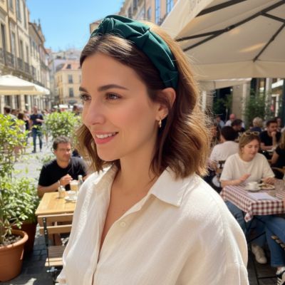 serre-tête-vert-femme-cheveux-chatain-style-elegant-ville-terrasse-cafe-ete-lumineux