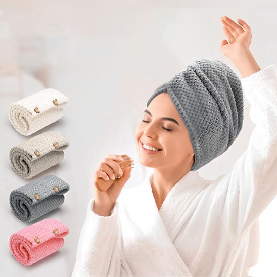 serviette-cheveux-turban-absorbant-gris-microfibre-bouton-sechage-rapide-confort-spa