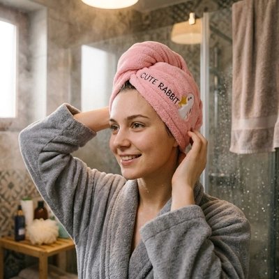 Serviette pour cheveux turban rose maintien garanti femme en peignoir gris