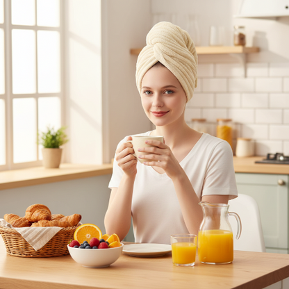 serviette sechage rapide turban jaune femme cuisine matin cafe routine capillaire