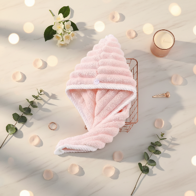 Serviette ultra absorbante cheveux bonnet rose vue dessus ambiance spa douceur