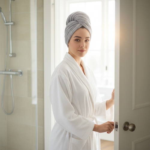 Serviette ultra absorbante cheveux femme portant un turban gris en sortant de la salle de bain