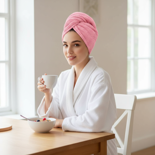 Serviette ultra absorbante cheveux femme prenant son petit dejeuner avec un turban rose