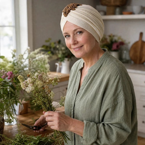 Turban femme beige femme fleuriste dans son atelier