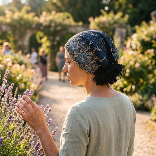 Turban femme bleu brode porte dans un jardin de lavande