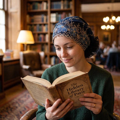 Turban femme bleu brode porte par une femme lisant dans une bibliotheque
