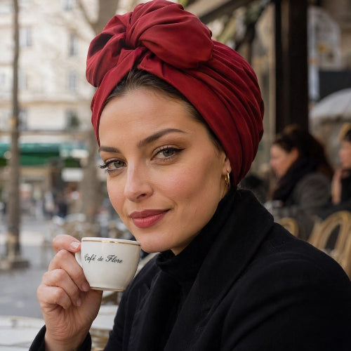 Turban femme bordeaux avec gros noeud porte en terrasse de cafe