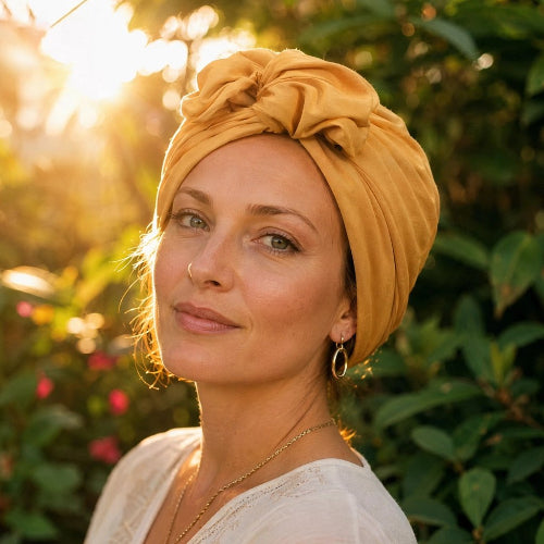 Turban femme jaune moutarde avec noeud porte dans un jardin au soleil
