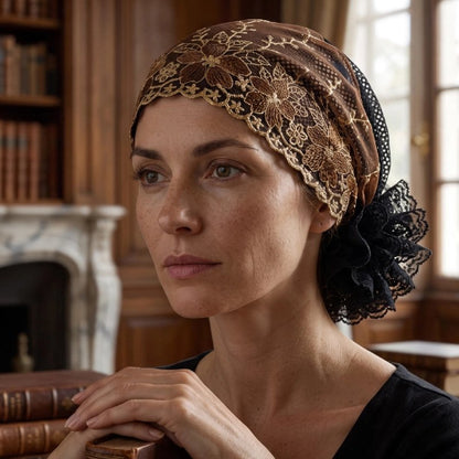 Turban femme  marron brode de fleurs porte dans un salon