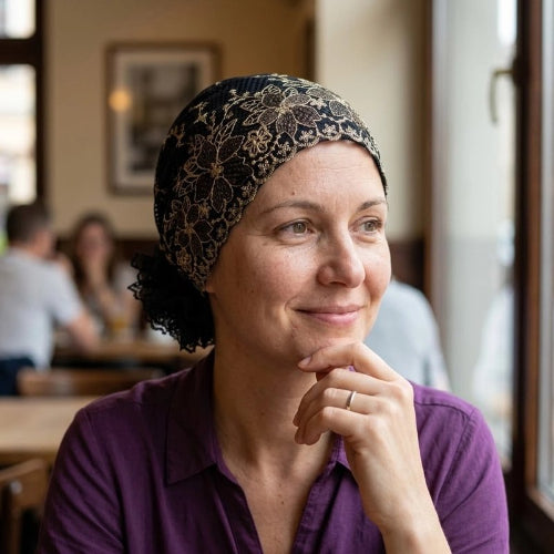 Turban femme noir en dentelle florale porte dans un cafe