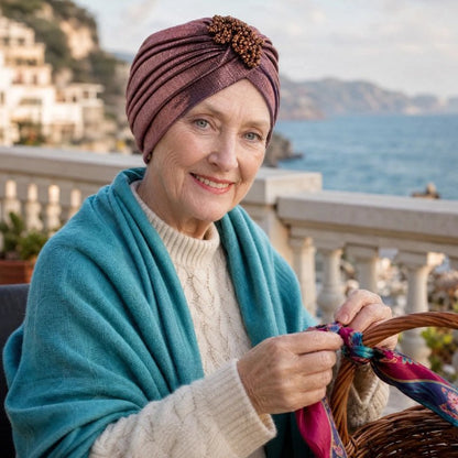 Turban femme rose femme age assise dans une terrasse souriante
