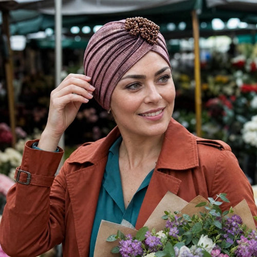 Turban femme rose femme avec un bouquet de fleur au marche
