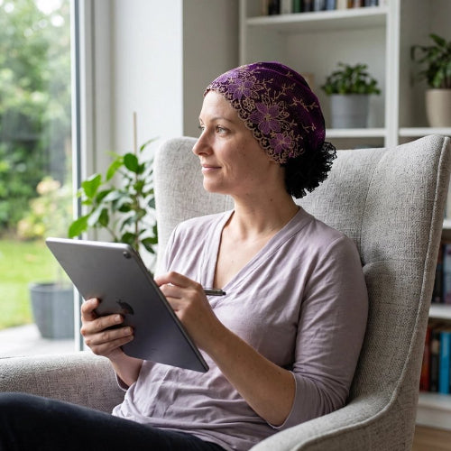 Turban femme violet brode porte par une femme avec une tablette