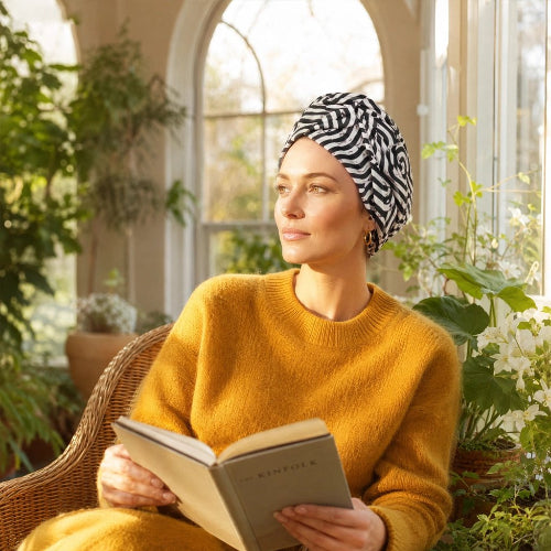 Turban femme zebre noir et blanc porte avec un pull jaune dans une veranda