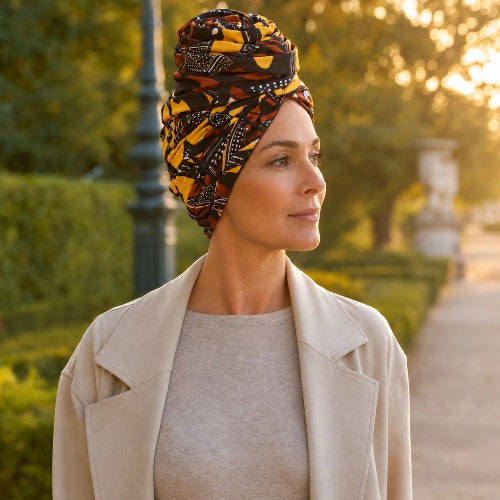 Turban pour femme a motifs jaunes noirs et marron porte de profil dans un parc
