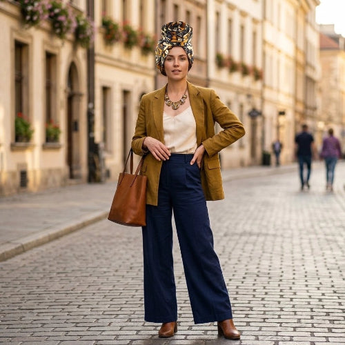 Turban pour femme a motifs noirs et jaunes avec rose de tissu porte avec une veste moutarde