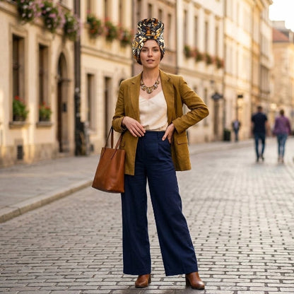 Turban pour femme a motifs noirs et jaunes avec rose de tissu porte avec une veste moutarde
