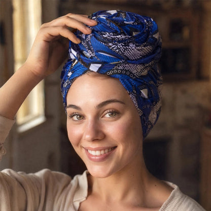 Turban pour femme  bleu a motifs blancs et noirs avec rose de tissu ajustee a la main
