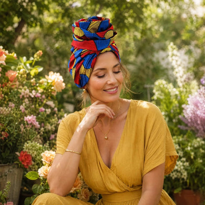 Turban pour femme rouge bleu et jaune avec rose de tissu porte dans un jardin fleuri