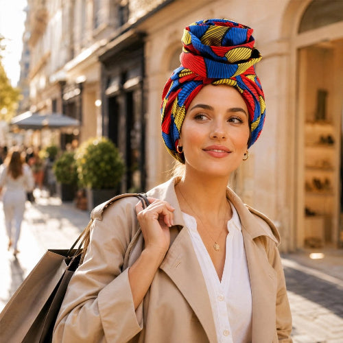 Turban pour femme rouge bleu et jaune avec rose de tissu sur la tete porte en ville
