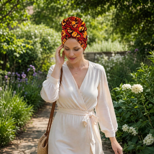 Turban pour femme rouge et jaune porte avec une robe blanche dans un jardin fleuri