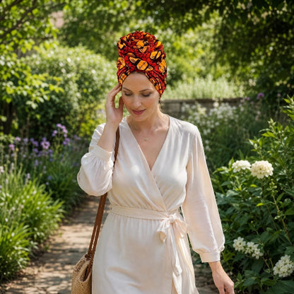 Turban pour femme rouge et jaune porte avec une robe blanche dans un jardin fleuri